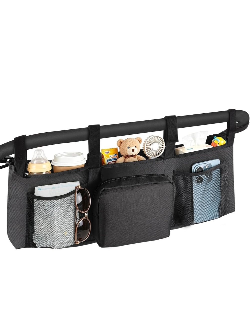 Black Twin Stroller Organizer Caddy - Universal Multi-Pocket Storage